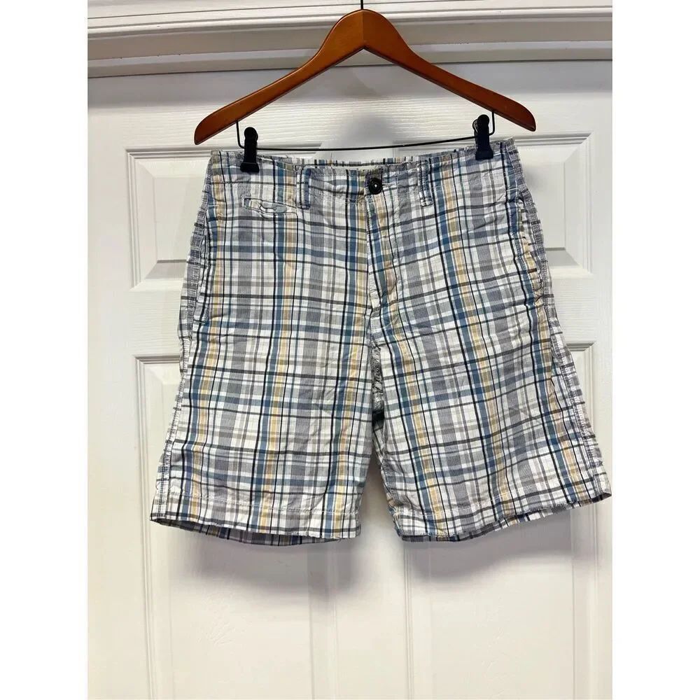 American Eagle Blue & Yellow Plaid Aged Bermuda Shorts sz 32